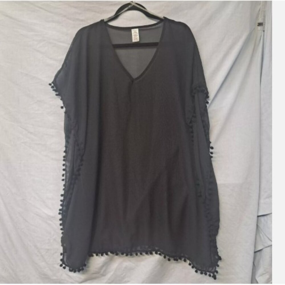 West Loop Women's Black Swimsuit Cover Up Sheer Pull Over Trim w/ Pom-Poms OSFM